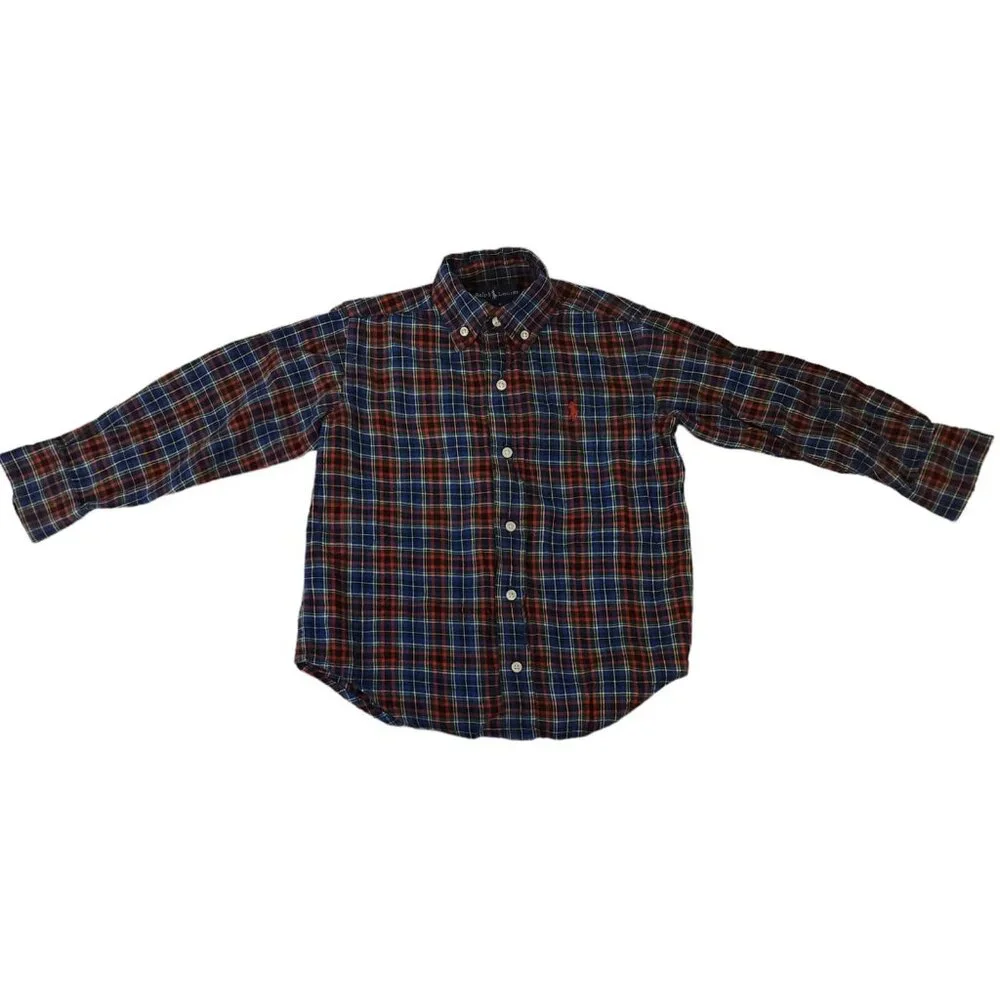 Ralph Lauren Plaid Button Down Shirt Blue Cotton Long‎ Sleeve Boys Size 5 EUC